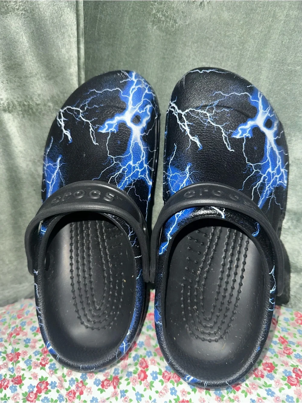 CROCS Kids Black Clogs with Blue Lightning Print